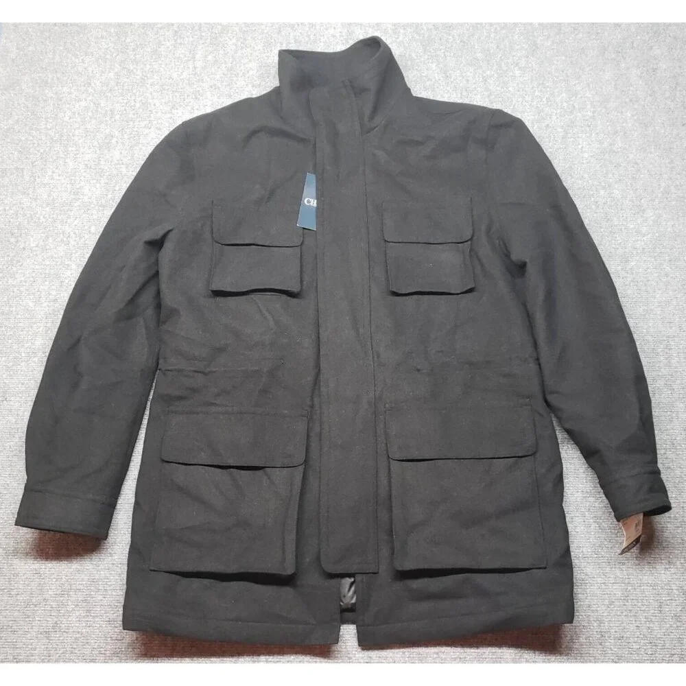 Chaps Jacket Coat Mens 44 Reg Black Waist Length 4 Pocket Full Zip Lined New